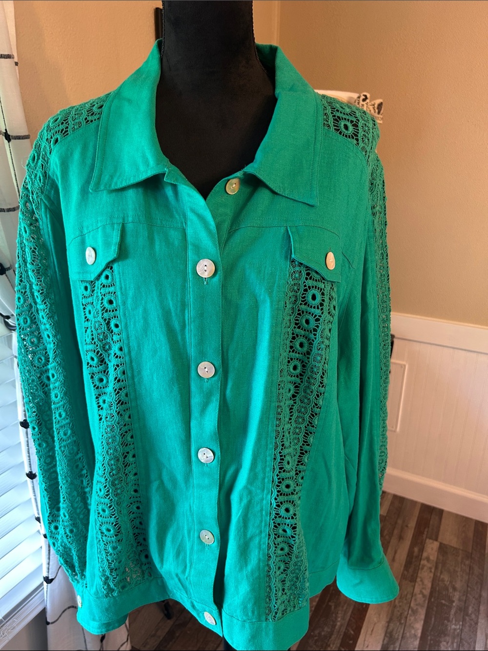 Multiples Teal Crochet-Trim Button-Front Shirt